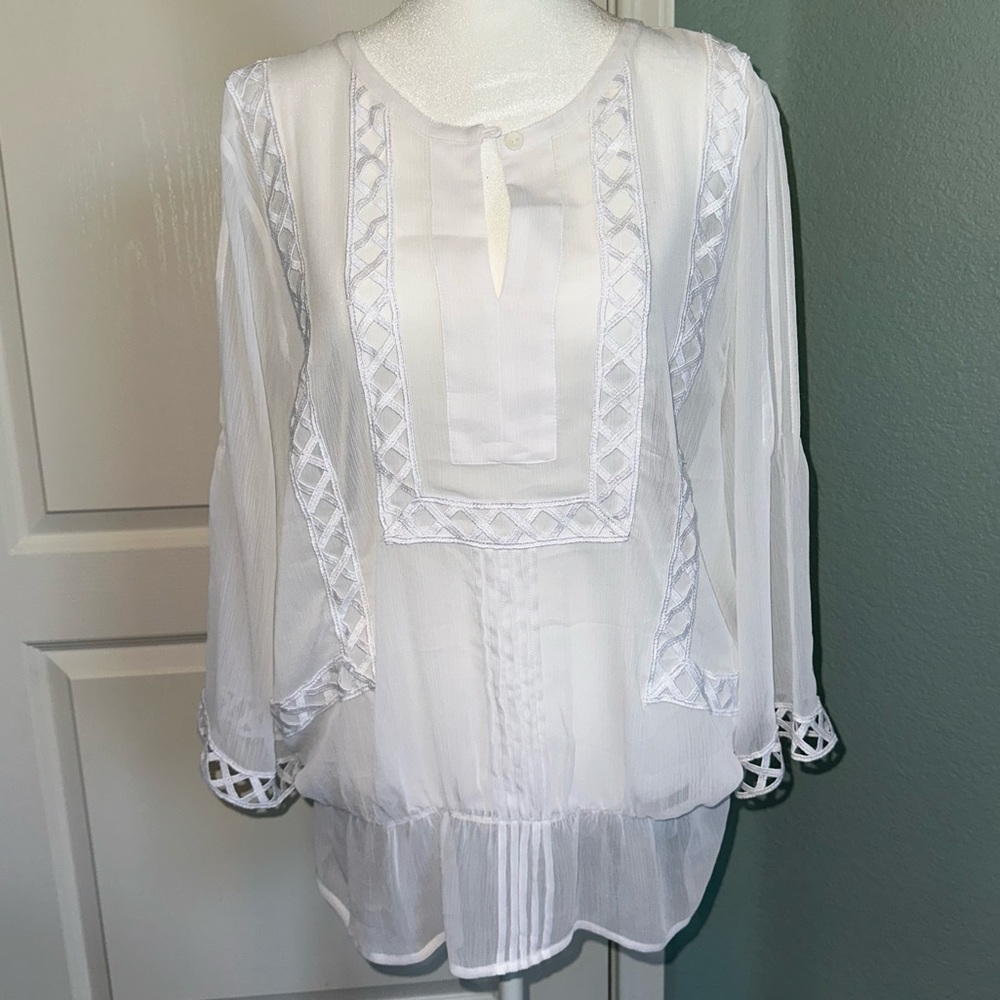 Chico’s Sheer white tunic with pleats and stitching details